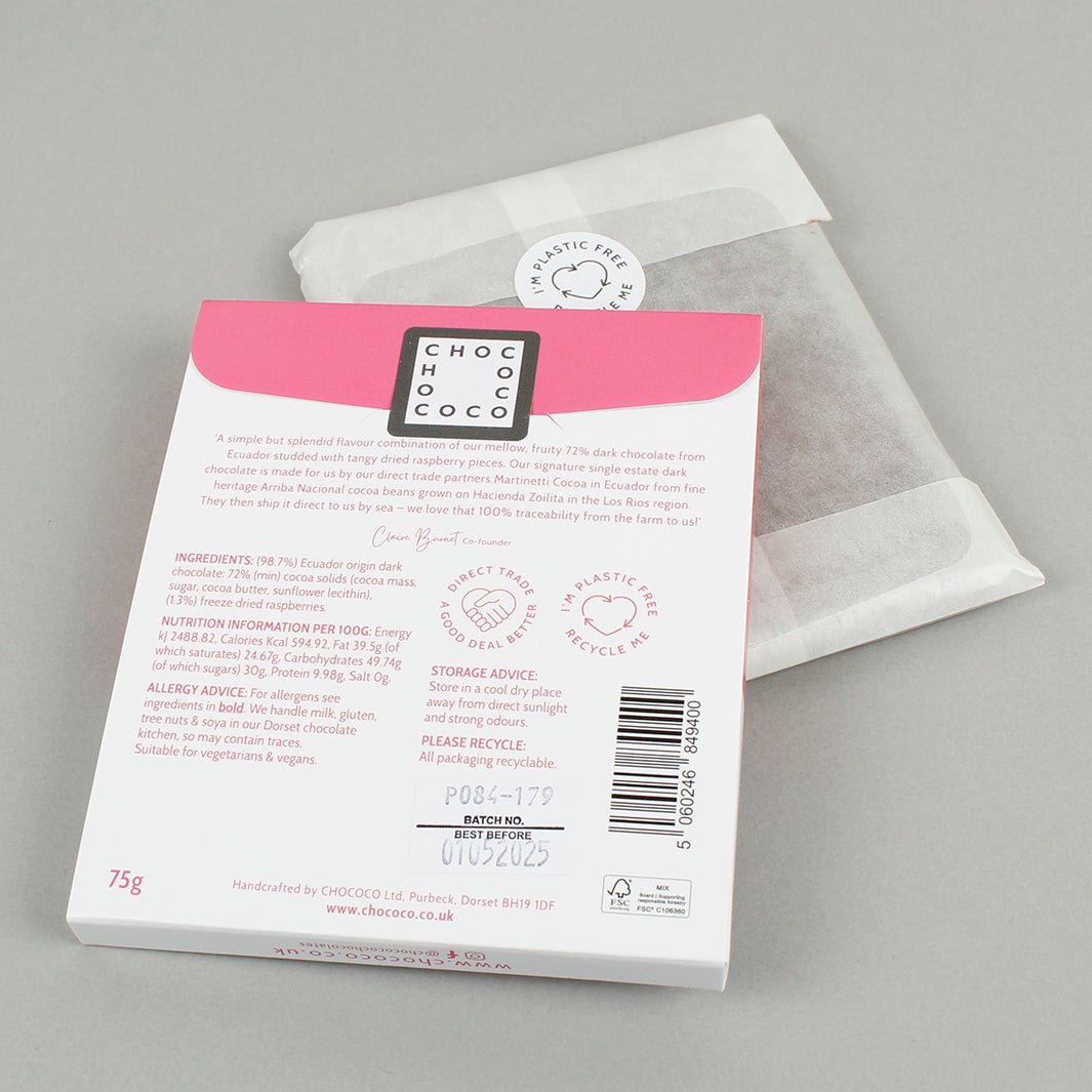 Ravishing Raspberry - 72% Dark Chocolate Bar with Dried Raspberry Pieces - Green Tulip