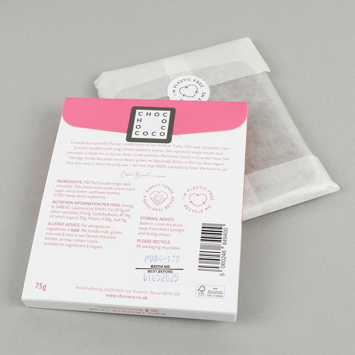 Ravishing Raspberry - 72% Dark Chocolate Bar with Dried Raspberry Pieces - Green Tulip